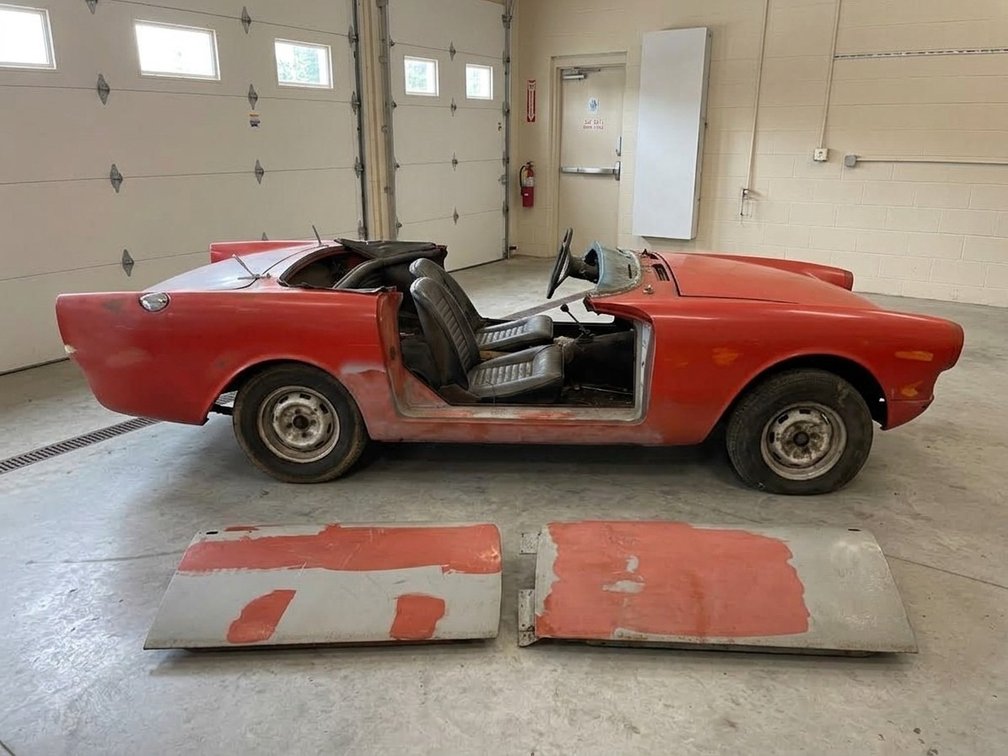 1967 Sunbeam Alpine Convertible Restoration Project with Body Shell, Engine, Windshield, and Parts Inventory.