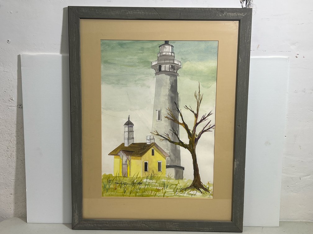 Framed Watercolor Painting of Lighthouse with Yellow Building, Signed Lower Left