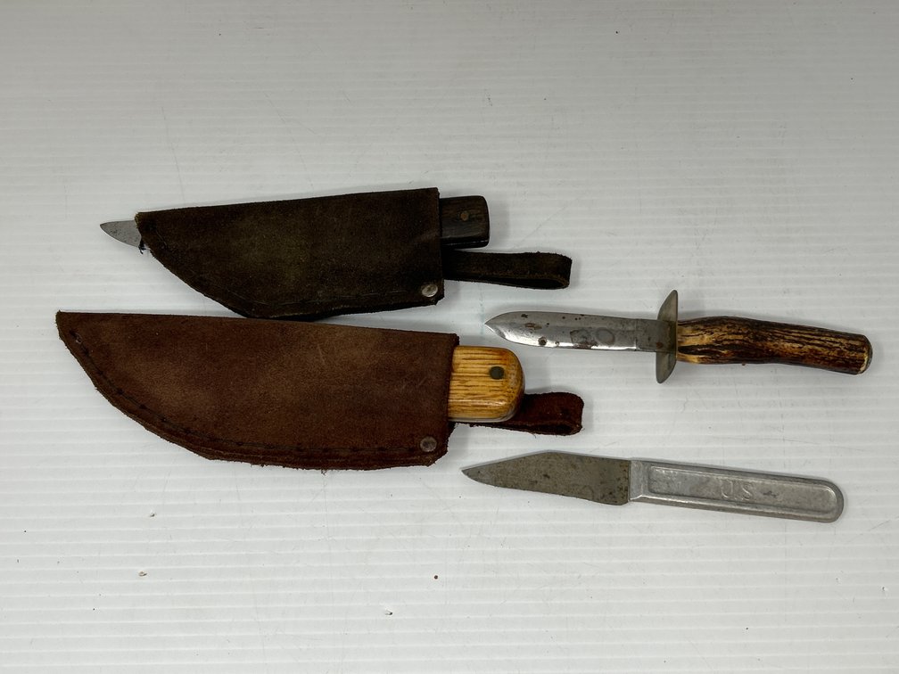 4 Assorted Knives- 2 with Sheaths, Silver Marked US on Handle