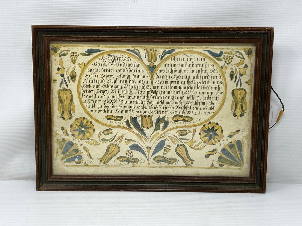 Framed 1791 Fraktur House Blessing- German Script, Traditional Watercolor Images