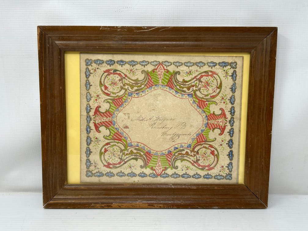 Framed Pen & Ink Card "Miss A. Weigner Pennsburg P.O. Montgomery Co Pa"