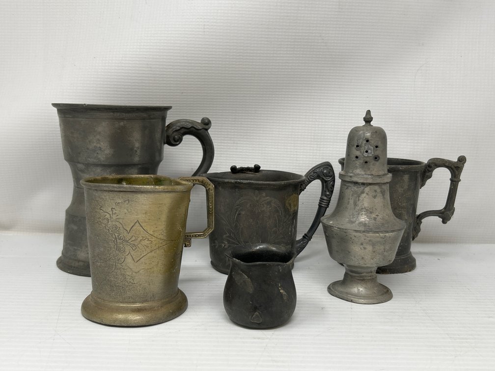 Pewter & Quadruple Plate Lot- 4 Mugs, Shaker, Handleless Creamer
