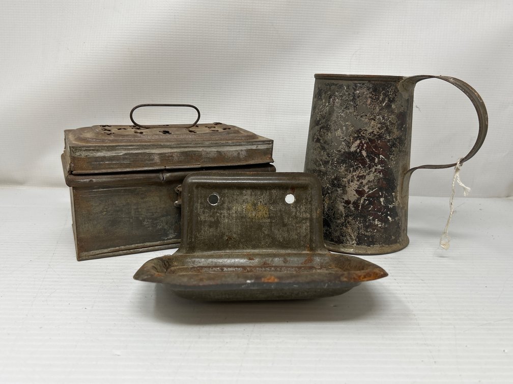 Metalware Lot- Hinge Lidded Box, Soap Dish and Mug