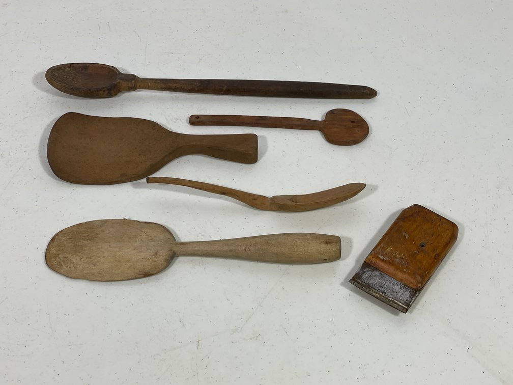 Antique Primitive Wooden Kitchen Tools- 2 Spoons, 2 Paddles,  Scoop and Hook Scraper