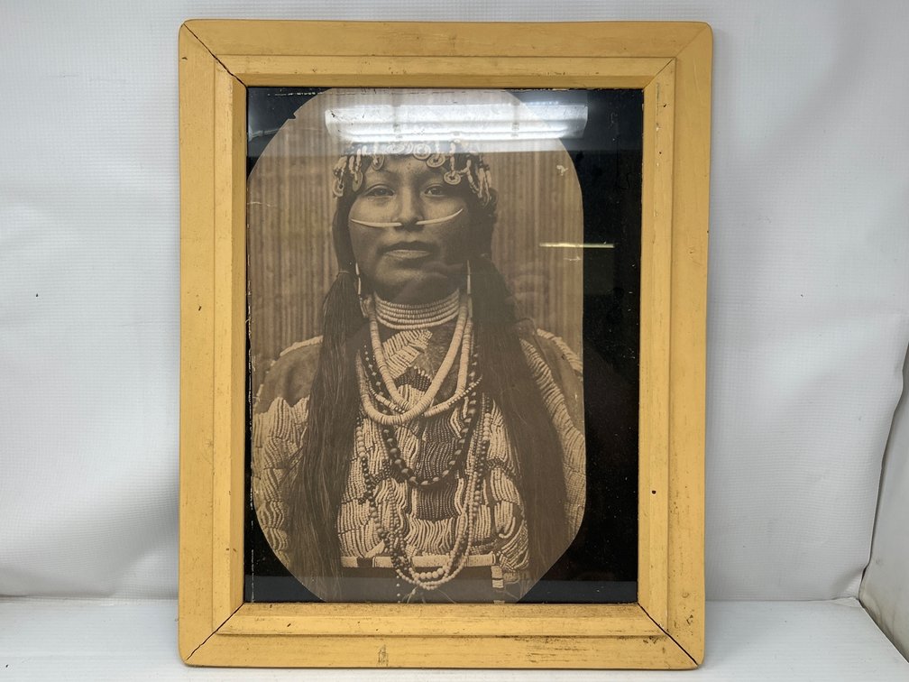 Framed Photograph Portrait of Indigenous Person in Beaded Garb & Jewelry