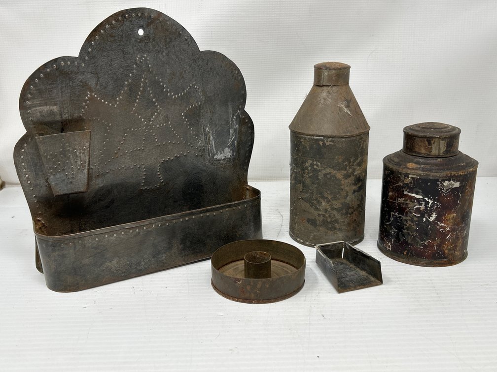 Primitive and Vintage Metalware Lot- Pierced Tin Comb Box, 2 Lidded Containers, Primitive Donut Cutter, Miniature Scoop