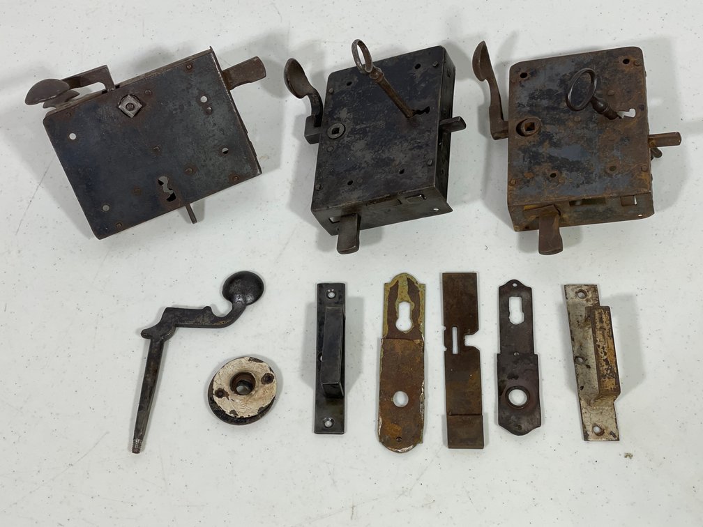 Antique Door Hardware- 3 Mortise Locks, Accompanying Strike & Faceplates, More