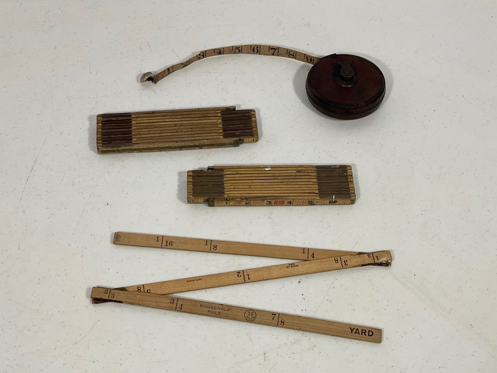 Vintage Measuring Tools- 3 Folding Rules and Sheffield England Reel Tape Measure