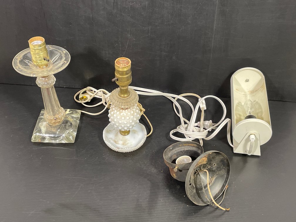 2 Table Lamp Bases- Clear & Hobnail, White Metal Wall Lamp and Ceiling Fixture