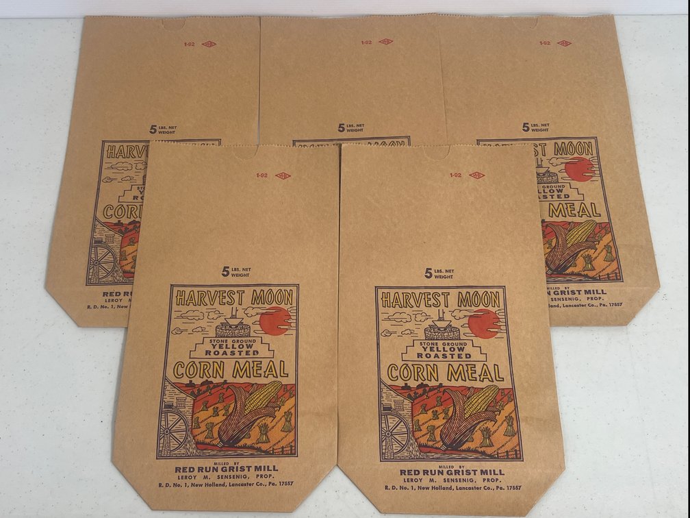 5 Paper Bags "Harvest Moon Corn Meal"