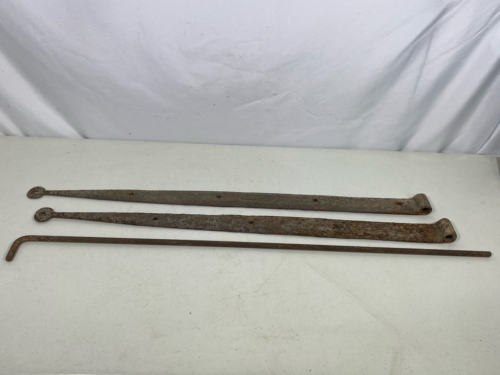 2 Antique Door Hinges and Metal Door Rod/Pin