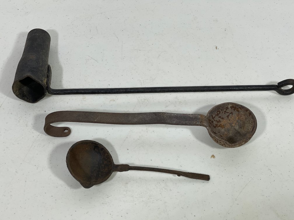 Primitive Iron Pouring Vessel, and 2 Antique Ladles