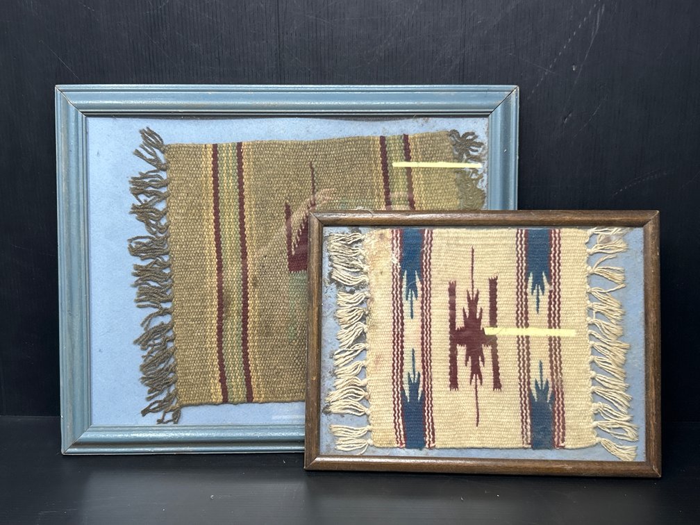 2 Frames with Native American Weavings- Tan, Burgundy, Green & Cream, Blue, Burgundy