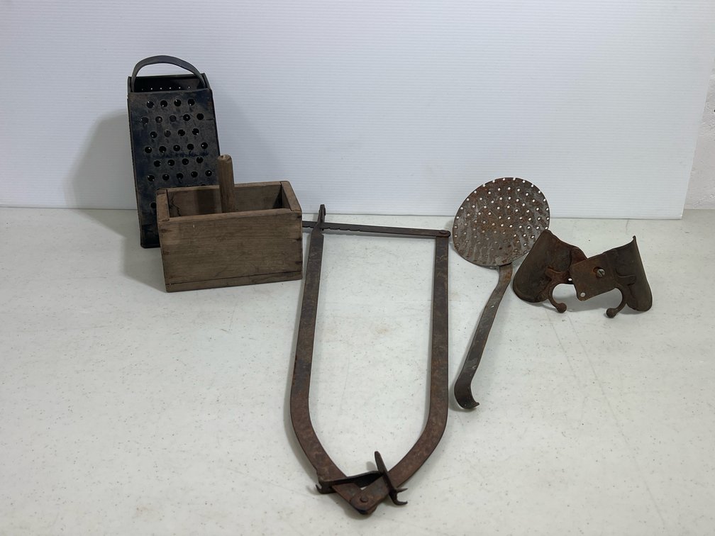 Tin Grater, Strainer, Wooden Mold, Ice Tongs, Pair of Other Metal Items