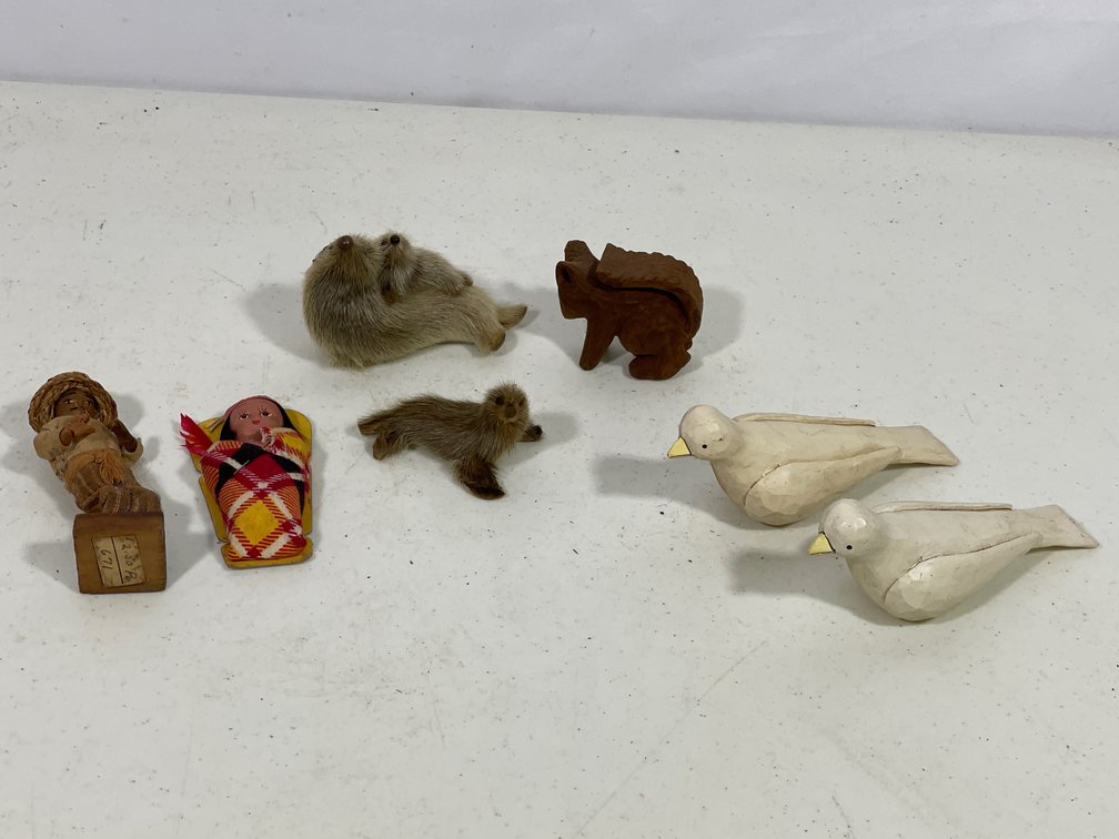 Native American Papoose Doll, Ethnic Man Figure, 2 Carved Doves, Fur Seals, Wood Squirrel
