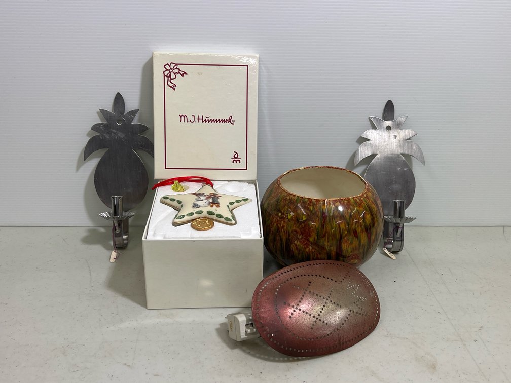 Pair of Tin Pineapple Wall Sconces, Ceramic Bowl, 2005 Hummel Star Ornament w/ Box