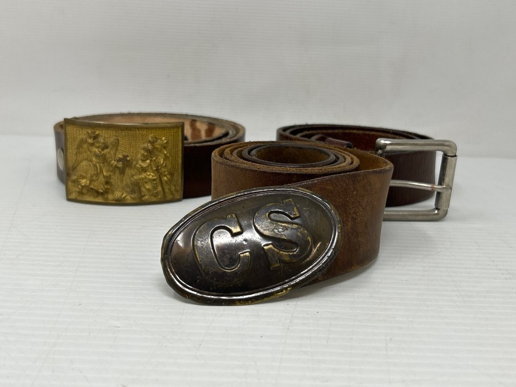 3 Leather Belts with Buckles- "CS", Brass tone metal; Relief Angel with Cross and Standard Silver