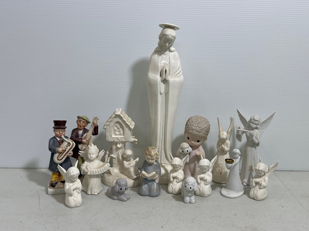 Figurines Lot- Angels, Musicians, Dogs, Precious Moments Figure with Lamb- 16 Pieces