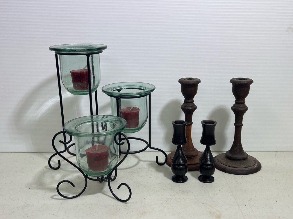 Set of 3 Wire & Glass Candle Holders with Votives, 2 Pairs of Wooden Candlestick