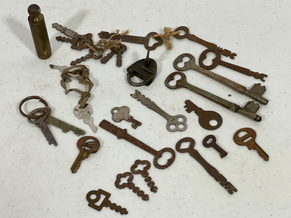 Lot of Assorted Antique Keys, Padlock with Key, Other