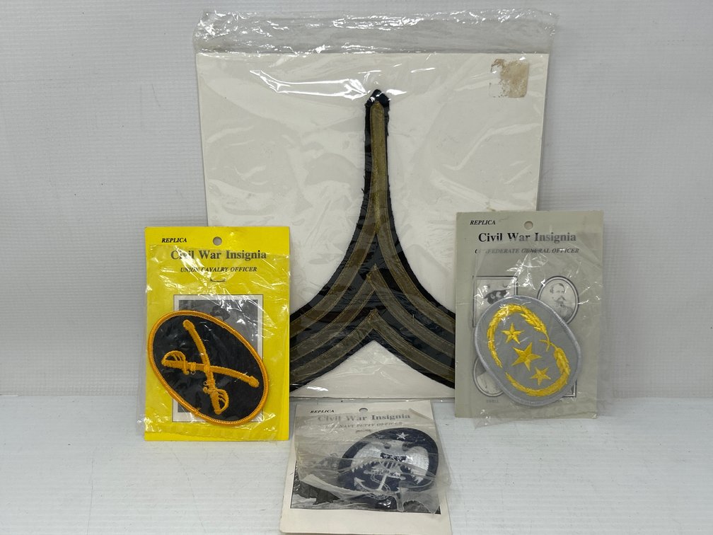 Gull-Wing Chevron Sergeant Insignia on Card, 3 Civil War Insignia on Cards