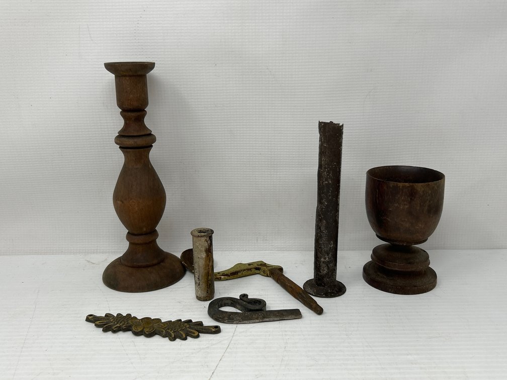 Wood Turned Candle Stick & Goblet, Metal Emblem, Hook, Handle & 2 Cylinder Items