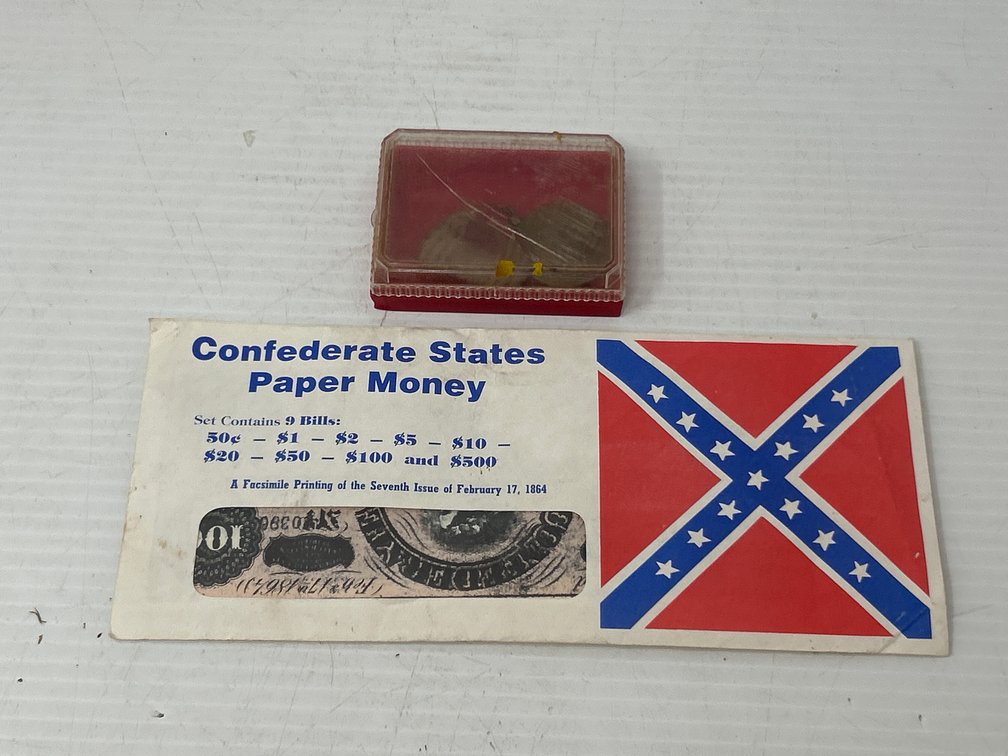 Envelope with Confederate States Paper Money, U.S. Army Good Conduct Medal in Case