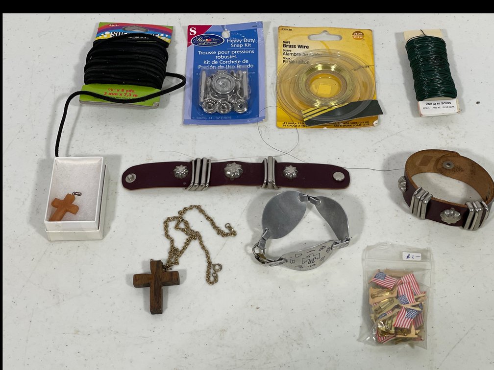 2 Leather/Silver Tone Bracelets, Silver Tone Bracelet, Cross Pendants, Flag Pins