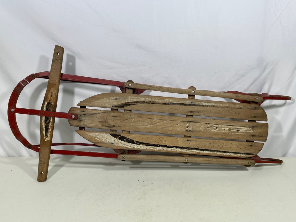 Wooden Sled with Red Metal Runners