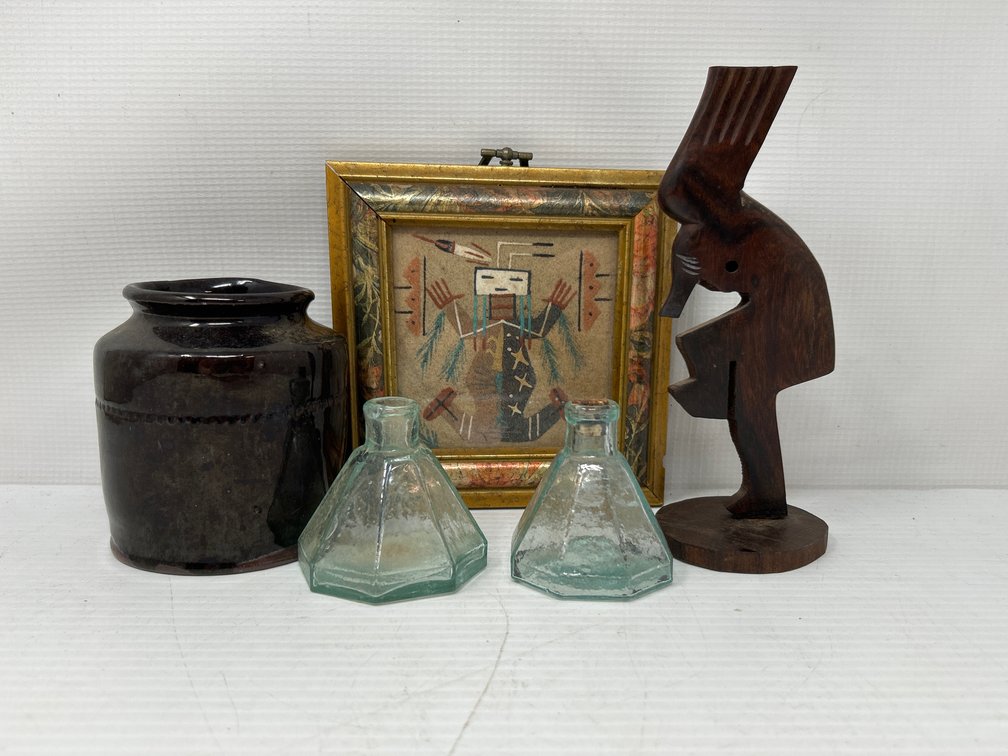 Redware Crock, Carved Wooden Figure, Framed Native American Painting, 2 Bottles