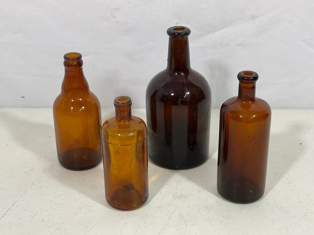 4 Amber Bottles- Includes Scotland, Duraglas, Others