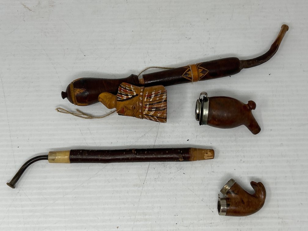 2 Carved Wood Tobacco Pipes- One w/ Native American Head, Pipe Bowl, Other Pipe Part