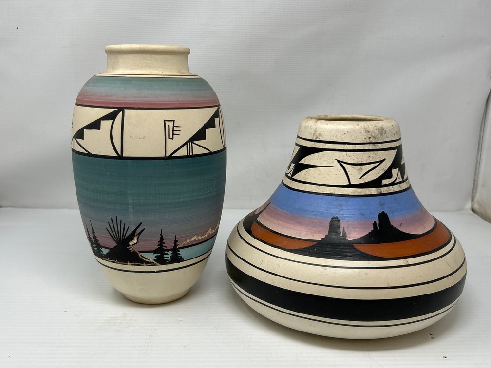 2 Southwestern Pottery Pieces- Tall is Incised "Navajo" on Base