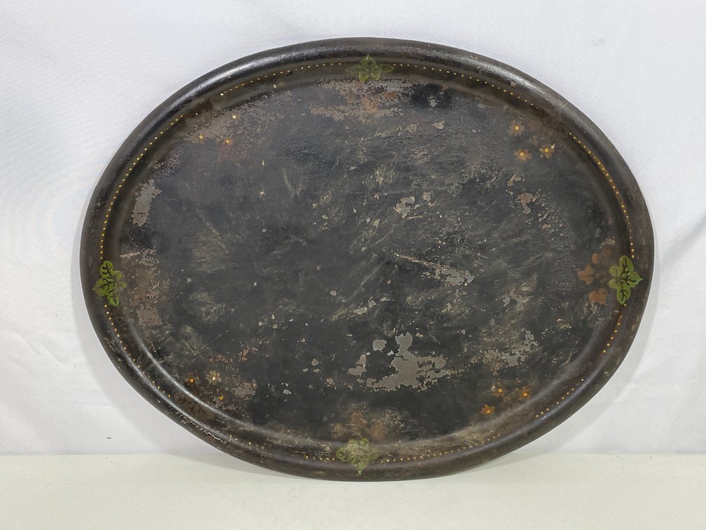 Vintage Oval Metal Tray with Painted Leaf Design