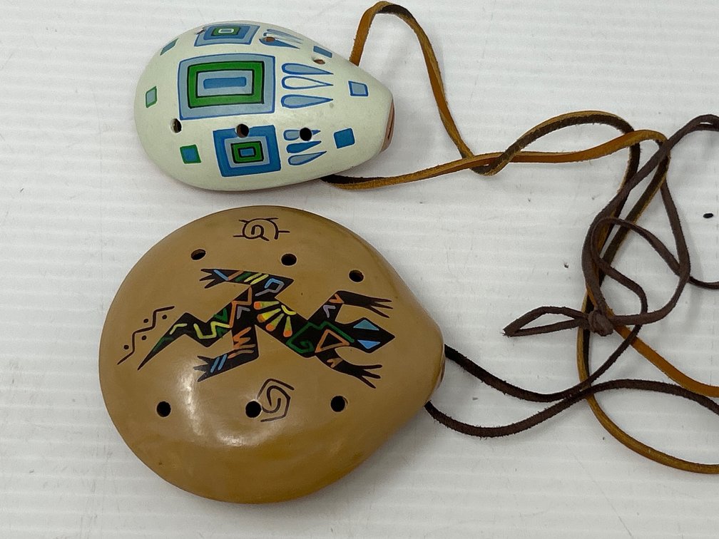 2 Clay Ocarina Pendants- One Egg-shaped, Other Features Lizard