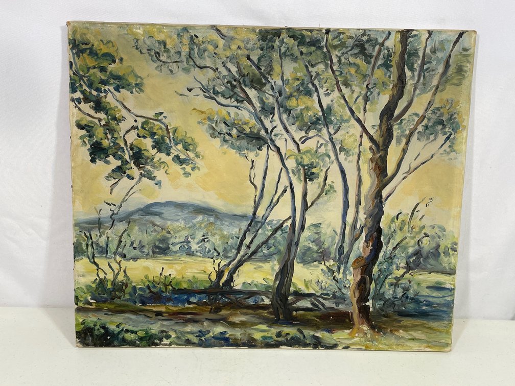 Unframed Oil Painting of Trees by Meadow