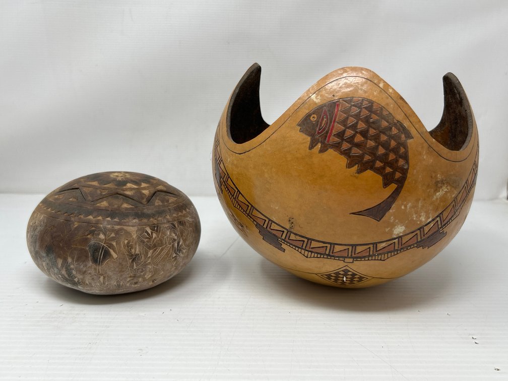 2 Gourd Containers- Lidded Box with Flowers/Animals, Bowl with Animals, Geometrics