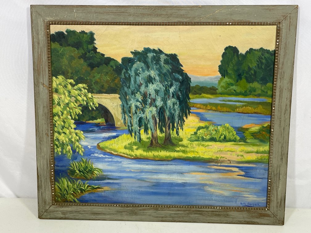 Framed Oil on Board Painting of Weeping Willow by Bridge by Ruth Sawyer