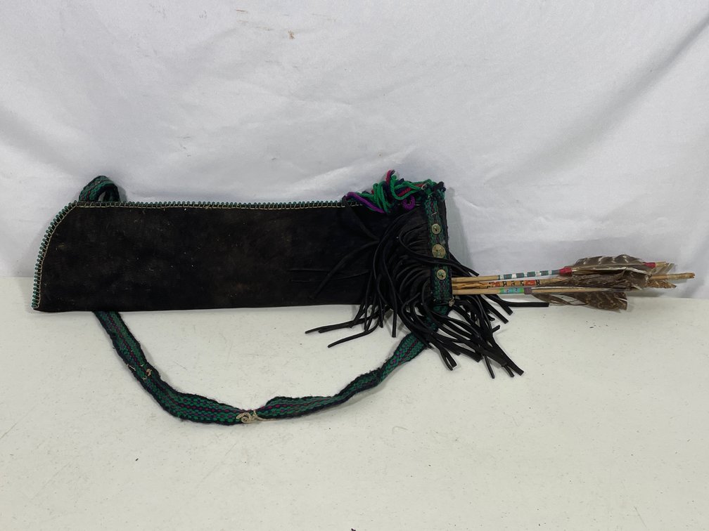 Black Fringed Quiver & 3 Native American Arrows- All Various Heads, Feather Nocks
