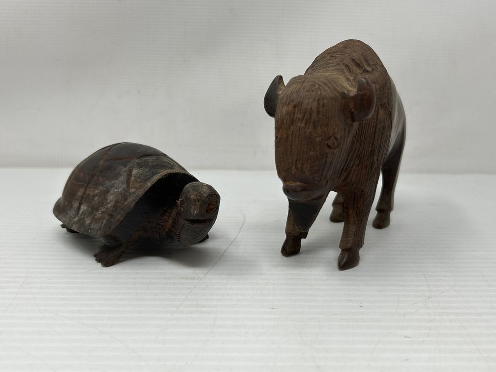 2 Wood Carvings- Turtle and Bison