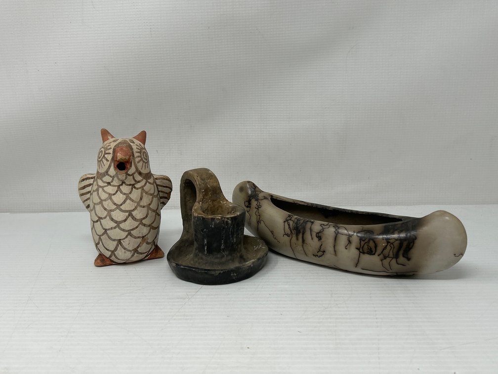 Pottery Owl (Marked Zuni), Horsehair Pottery Canoe and Pottery Candle Holder