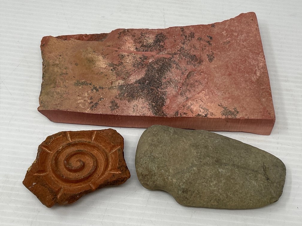 Carved Stone "Sedona", Stone Tool and Piece of Red Clay or Stone Tile