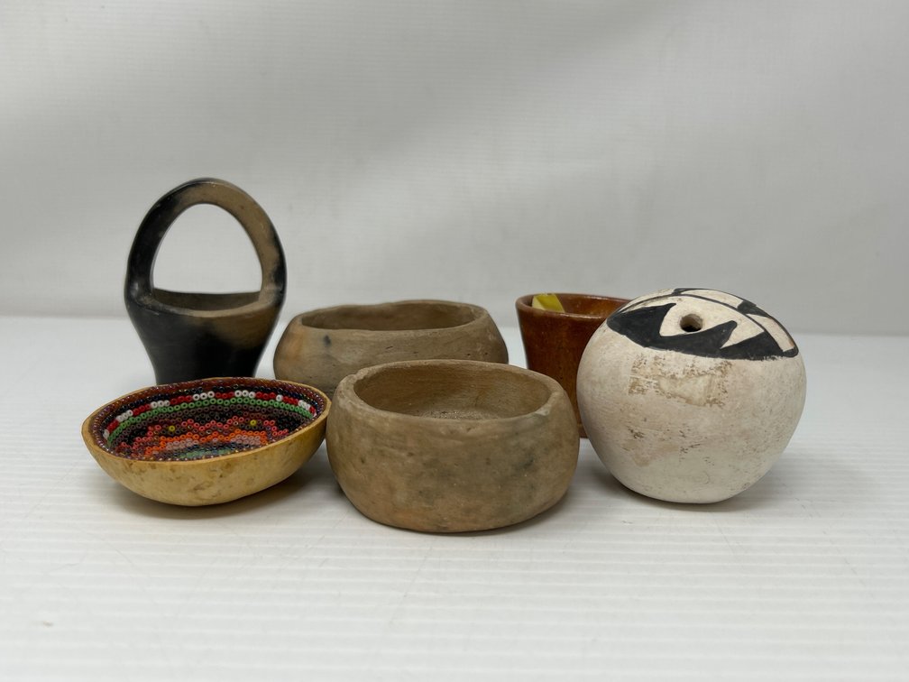 6 Native American Pieces- 2 Bowls, Basket, Gourd Bowl with Beaded Interior