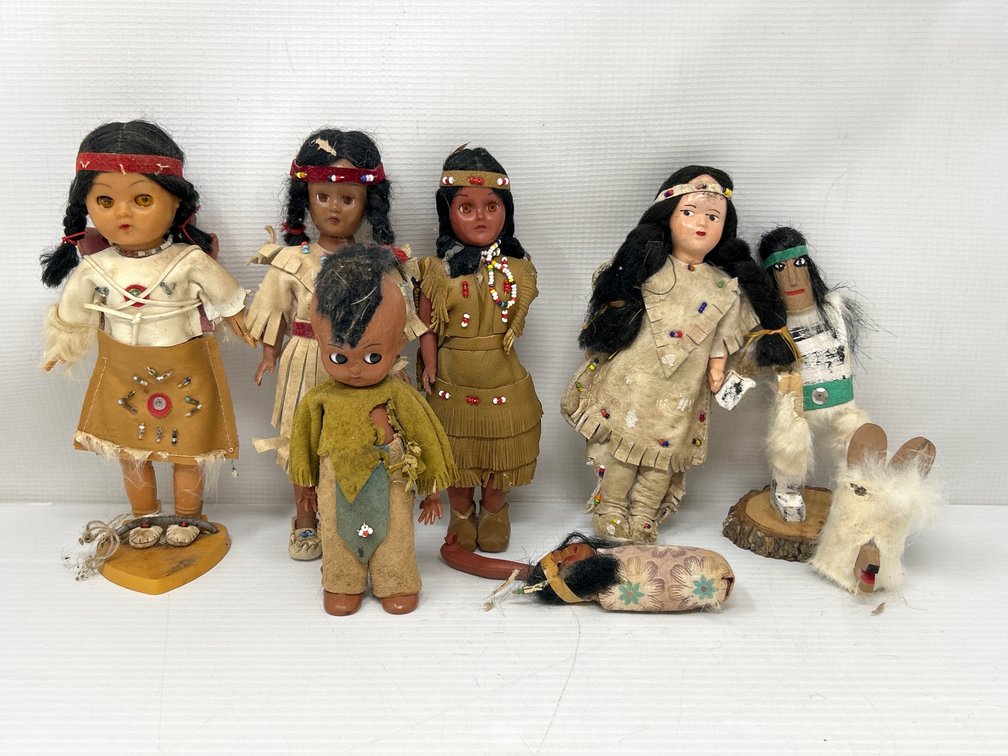7 Native American Dolls, Papoose Doll and Animal Head with Fur
