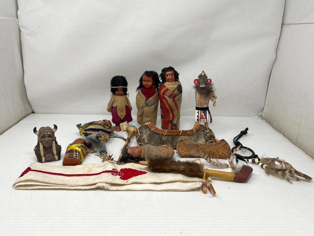 3 Native American Dolls, Hopi Kachina Figure, 2 Canoes, 2 Papooses, Other Cloth Doll