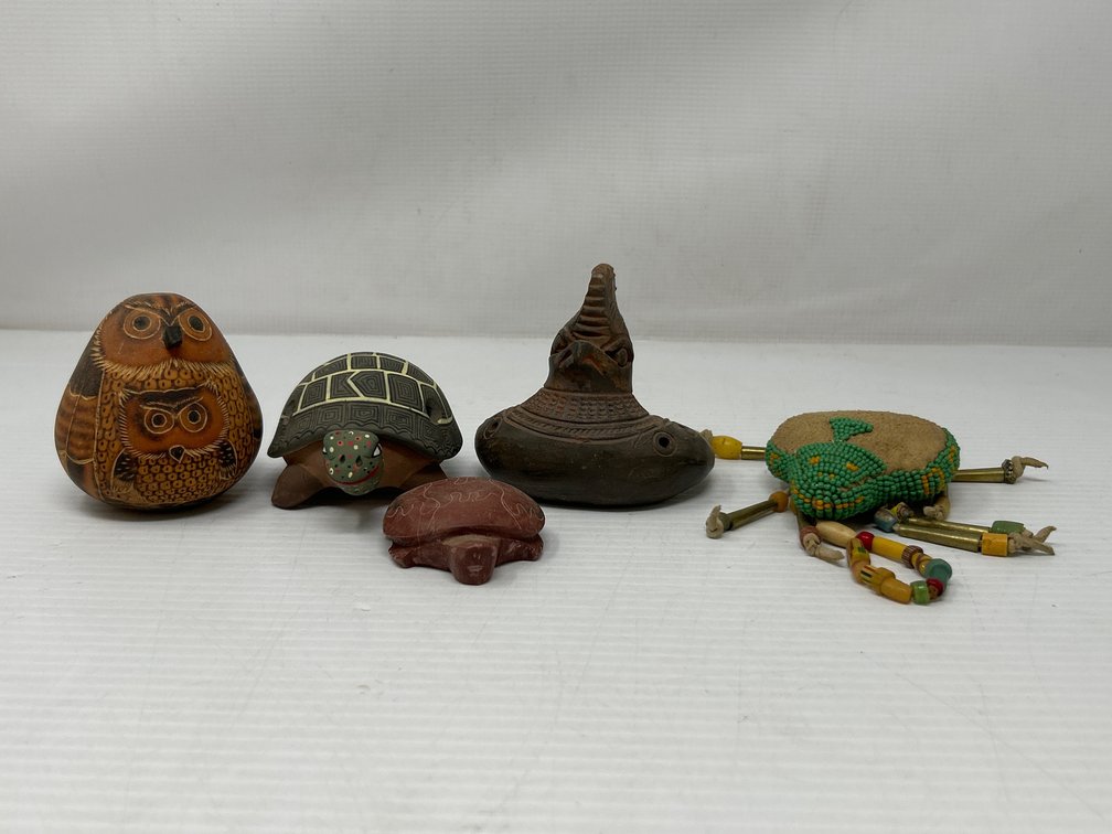 4 Pottery Pieces- 2 Turtles, Owls, Ocharina and Beaded Hide Hanging