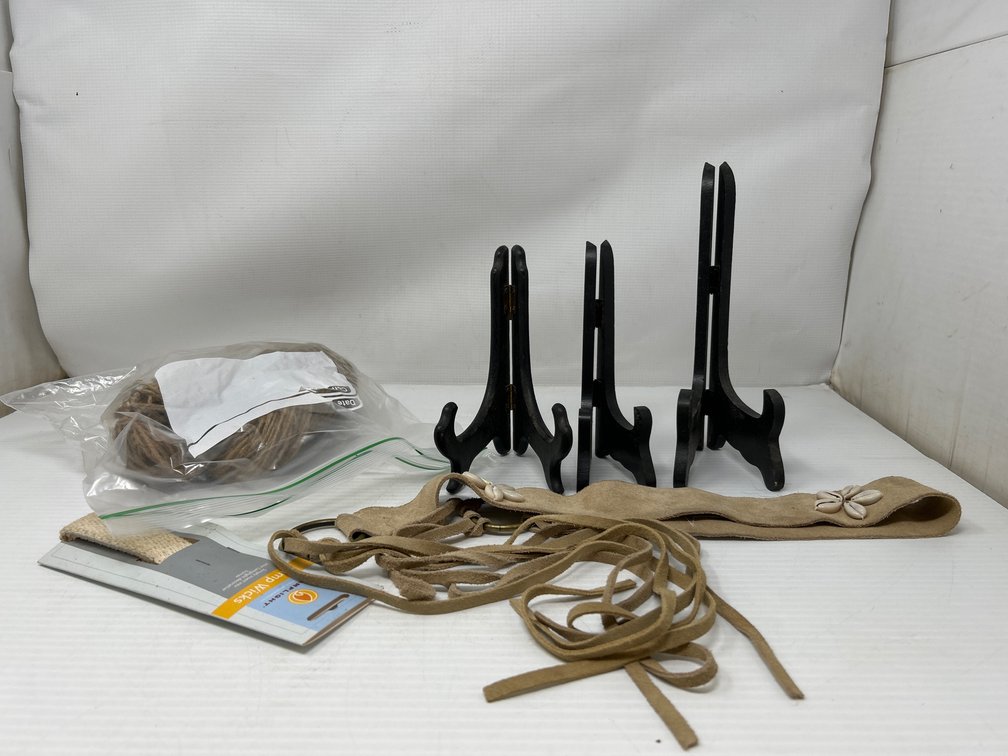 3 Wooden Plate Stands/Easels, Lamp Wicks, Belt with Shells, Hank of Twine Type Rope