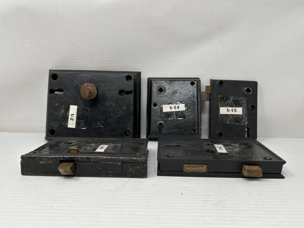 Antique Cast Iron Door Hardware- 3 Mortise Locks, 2 Rim Locks