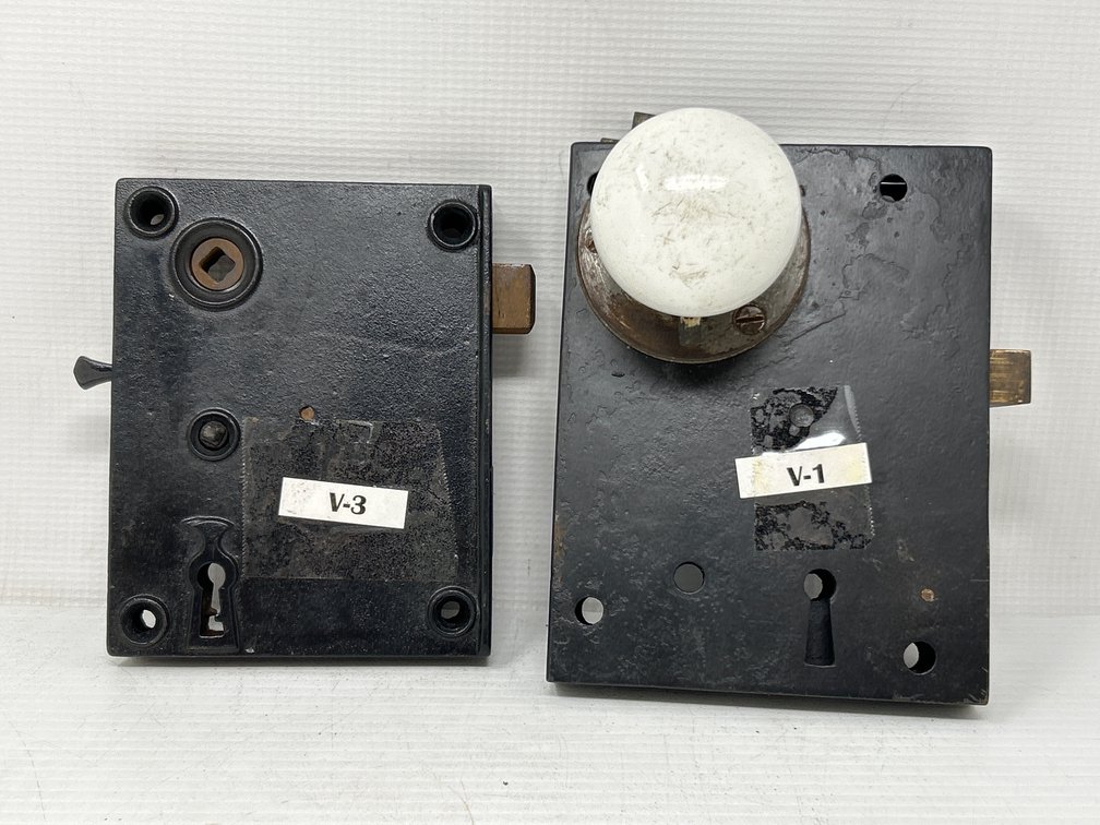 Antique Cast Iron Door Hardware- 2 Vertical Rim Locks, One with Porcelain Knob
