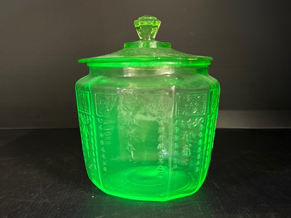 Vintage Uranium Glass Lidded Biscuit Jar